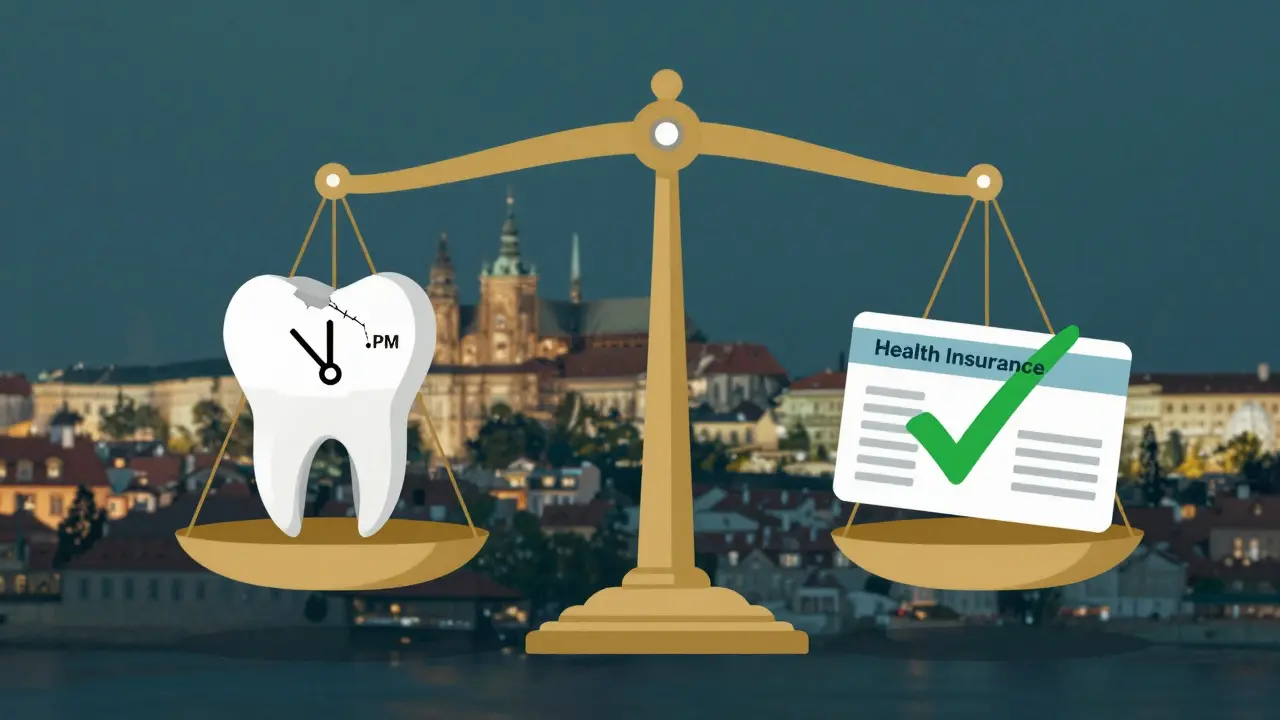 Váhy ukazují konflikt mezi poplatkem za pohotovost a právem na bezplatnou péči podle zákona.