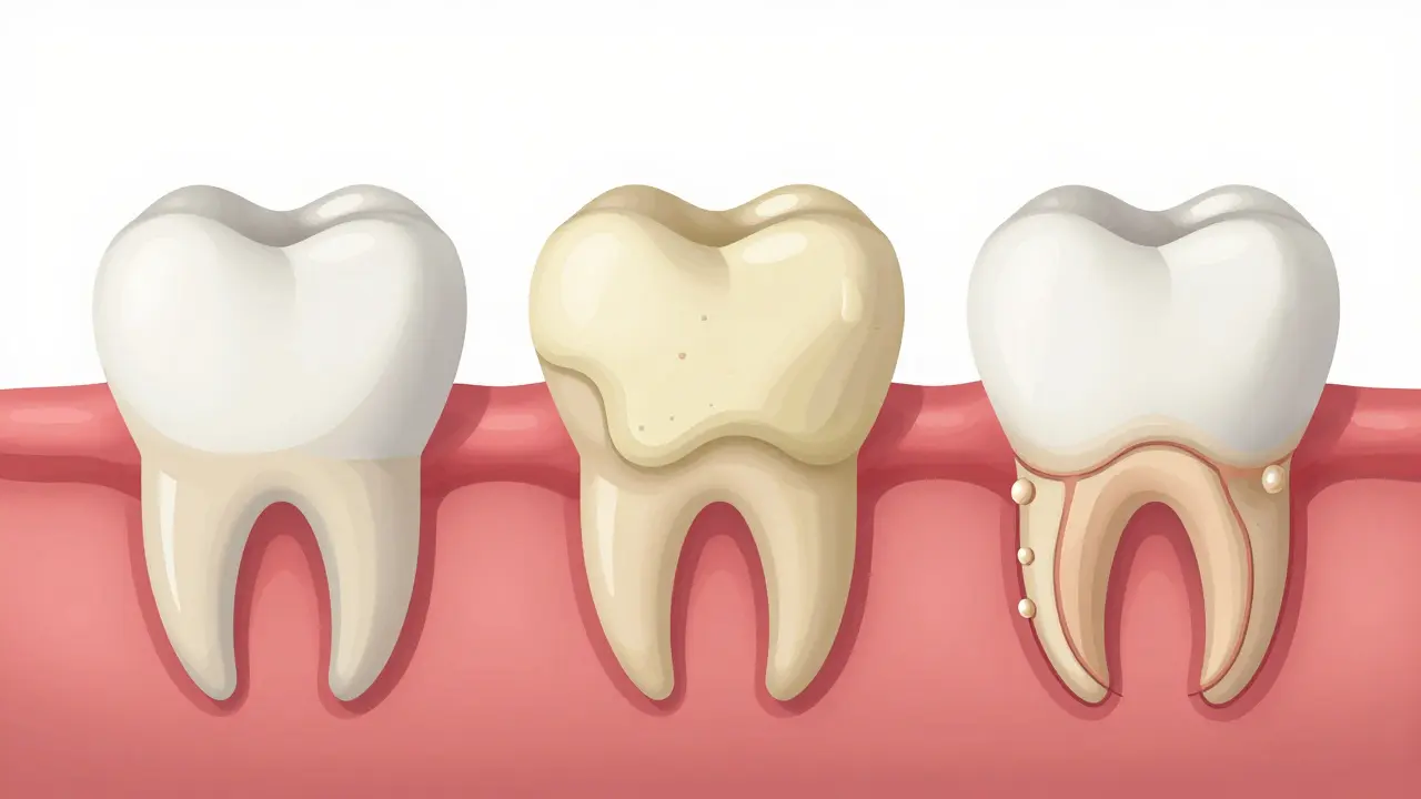 Vývoj zánětu dásní: od plaku po zubní kámen a odstupující dásně.