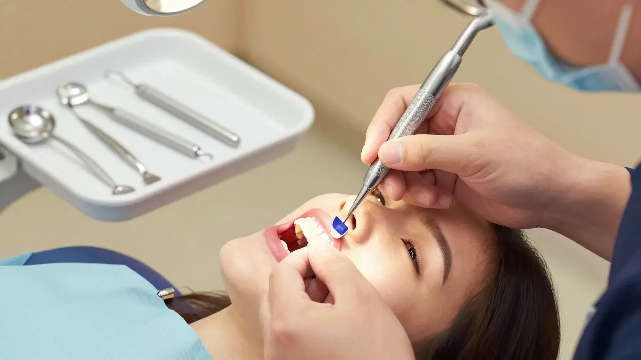 Zubař přilepuje tenkou keramickou fazetu na přední zub