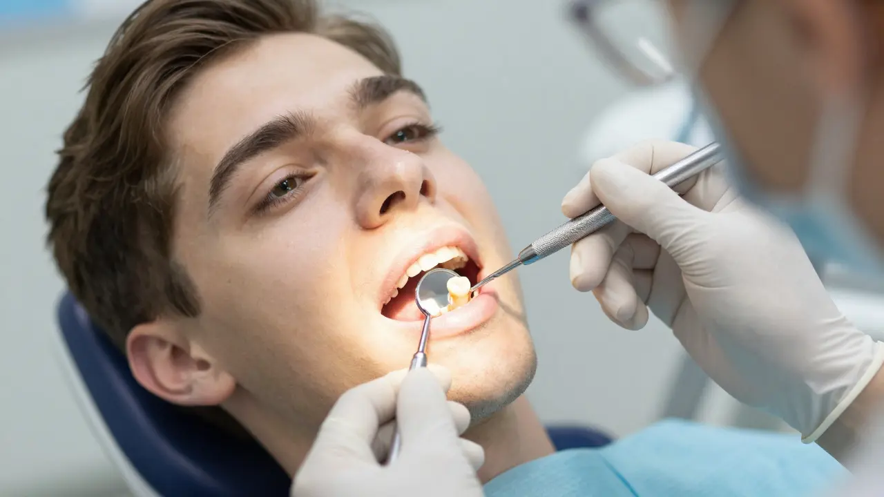 Zubní lékař prohledává opotřebovanou plombu pomocí vyšetřovacího nástroje, zrcadlo odrazí obličej pacienta.