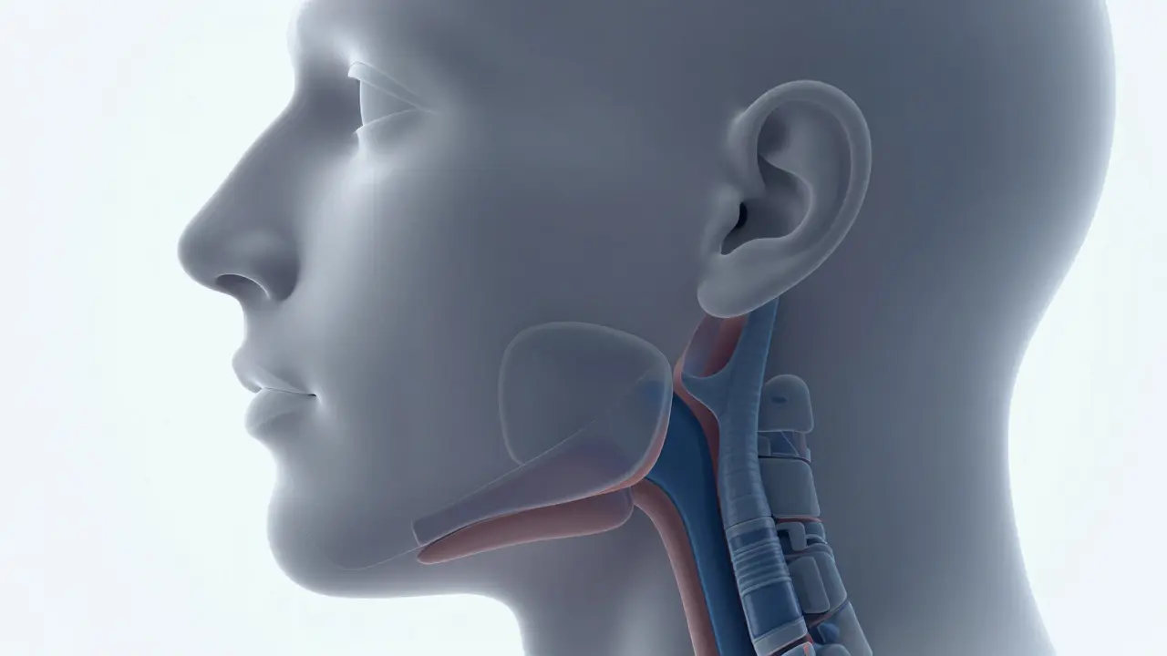 3D anatomický model čelisti a jazyka ukazující zúžení dýchacích cest v hrdle.