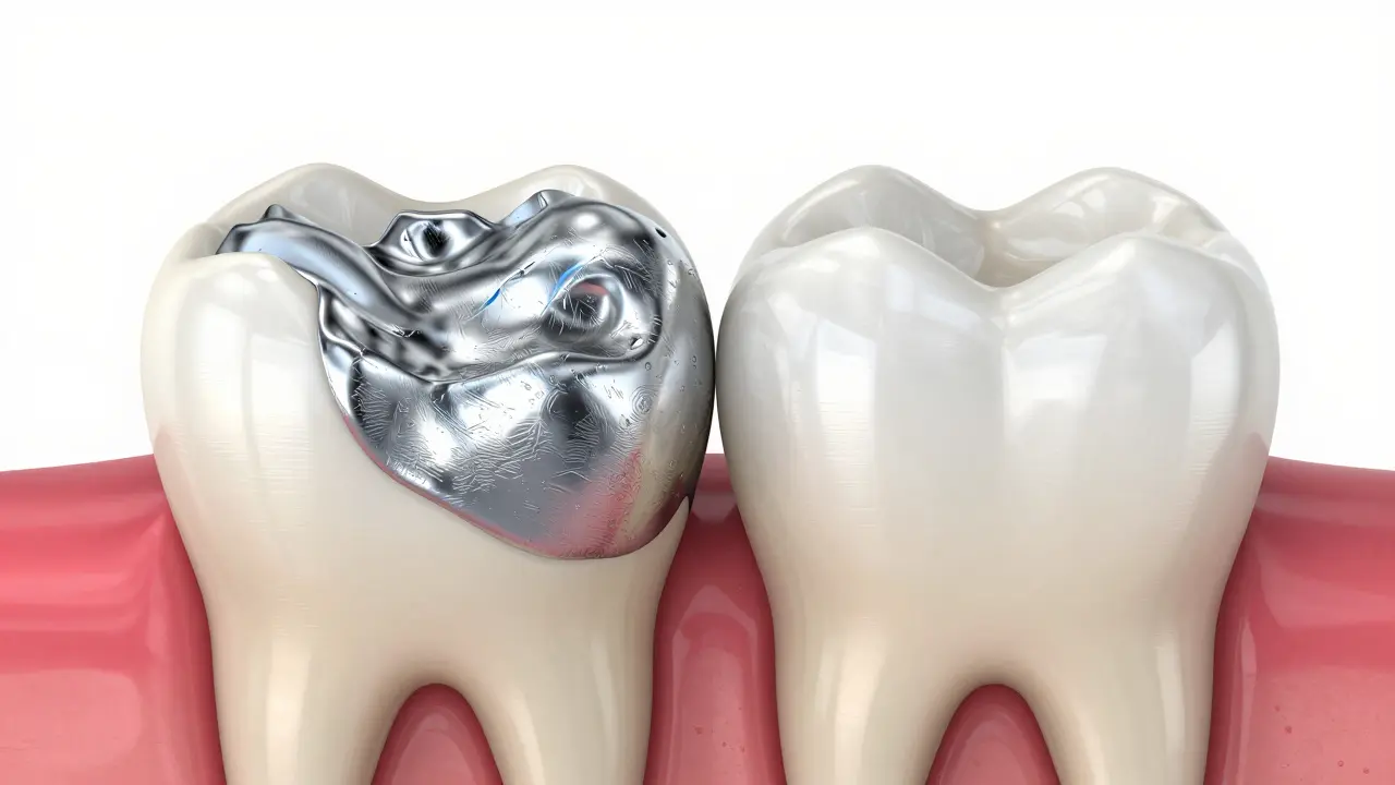 3D ilustrace průřezu zubu s amalgámovou a kompozitní výplní.