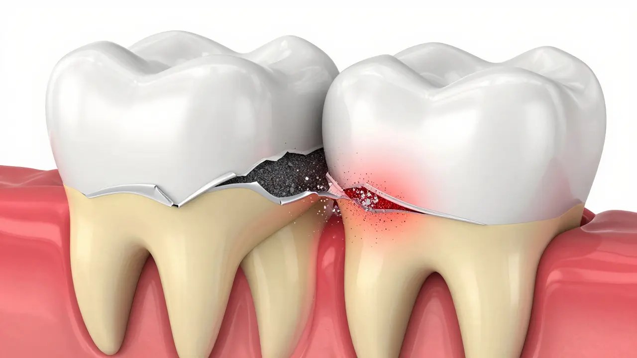 3D ilustrace zubu znázornující opotřebení skloviny a žlutý dentin.