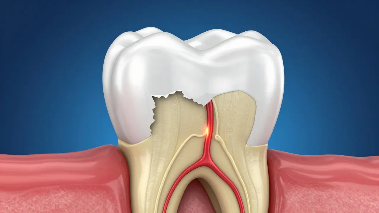 3D schéma zubu s odhaleným dentinem a citlivým nervem.