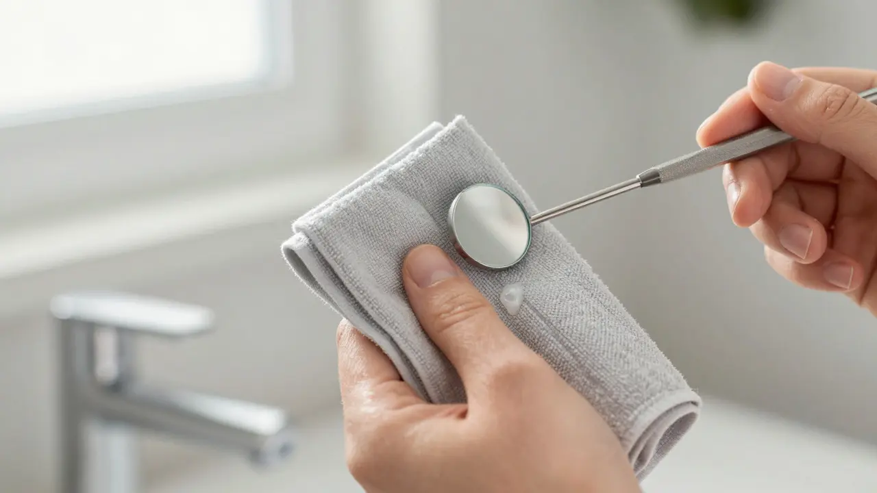 Čištění dentálního zrcátka pomocí jemného mikrovláknového hadříku.