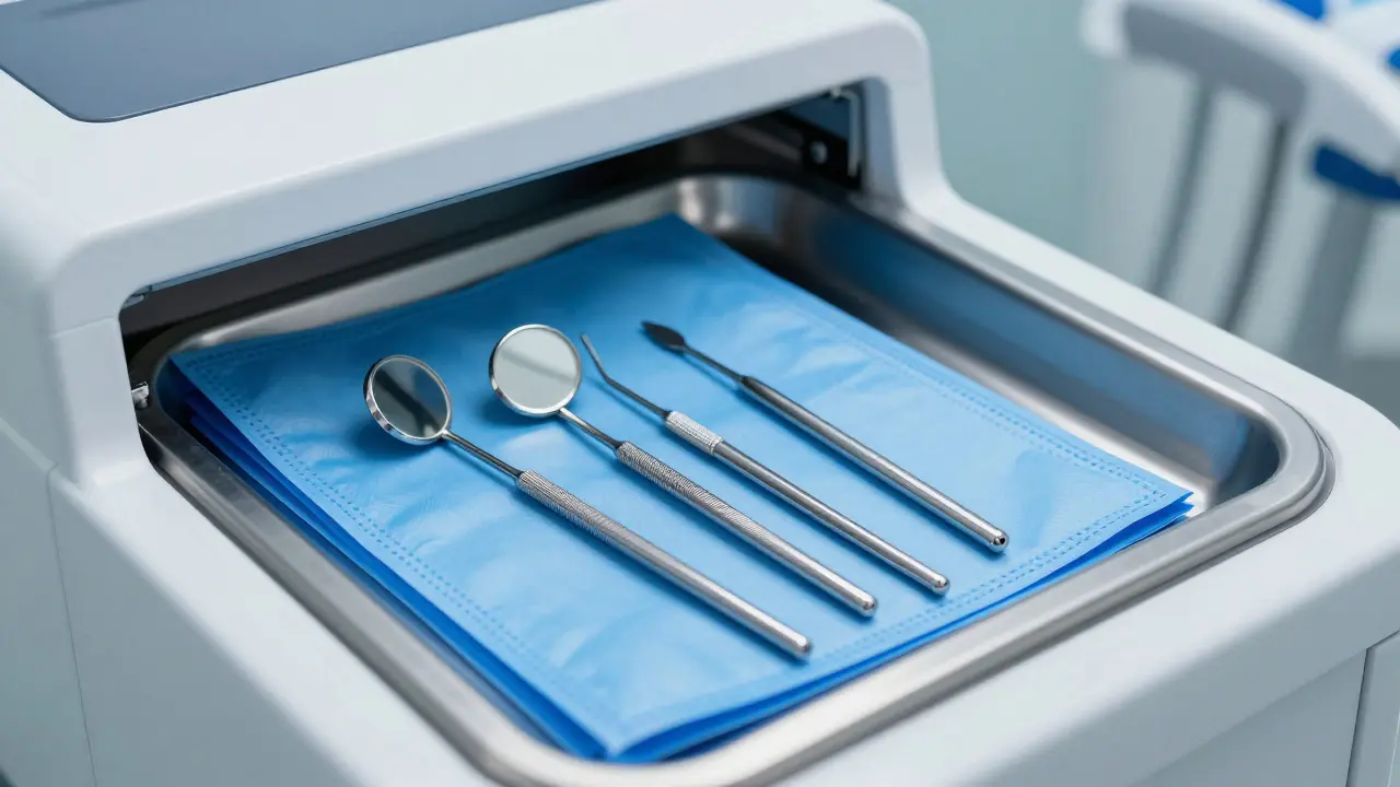 Dentální zrcátka v sterilizačních sáčcích připravená k autoklávování.