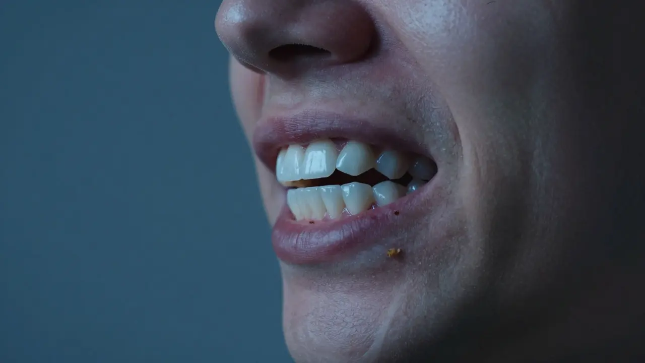 Detail nepřirozně vypadajícího Snap-On systému v ústech.