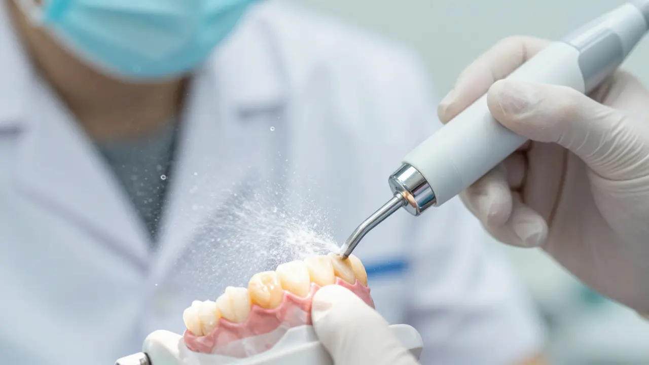 Detail profesionálního čištění zubů metodou Airflow