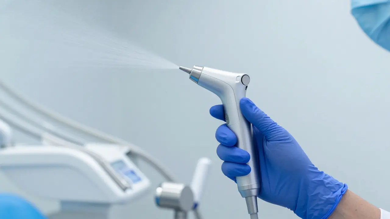 Detail profesionálního ultrazvukového přístroje pro odstranění zubního kamene.