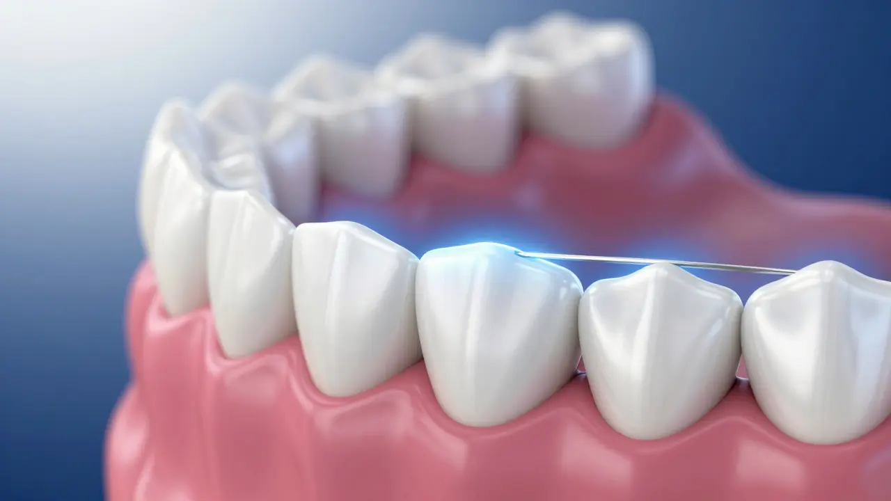 Detail retenčního drátku za rovnými zuby symbolizující stabilitu