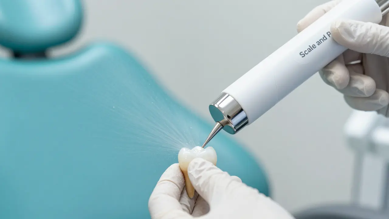 Detail ultrazvukového přístroje při odstraňování zubního kamene s vodním sprejem.