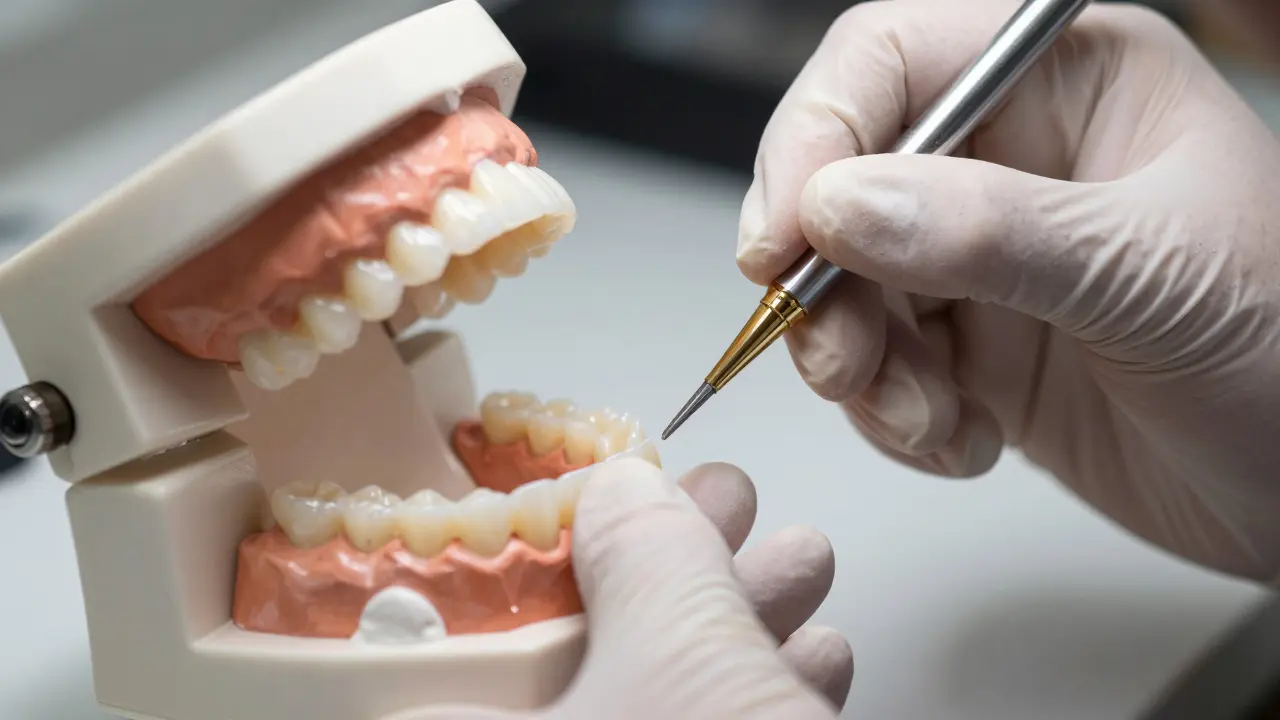 Detail zpracování keramické faseti a vložky v zubní laboratoři.