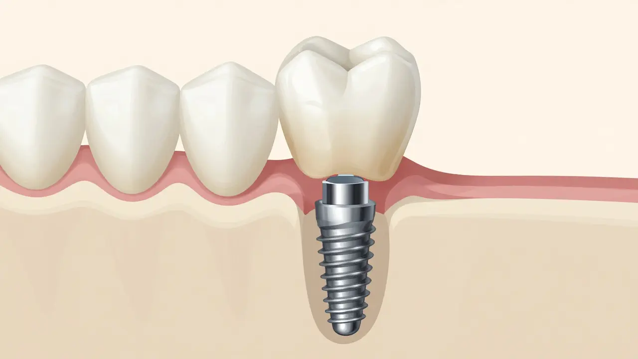 Detailní pohled na dentální implantát s titanovým šroubkem a keramickou korunkou v kostě.