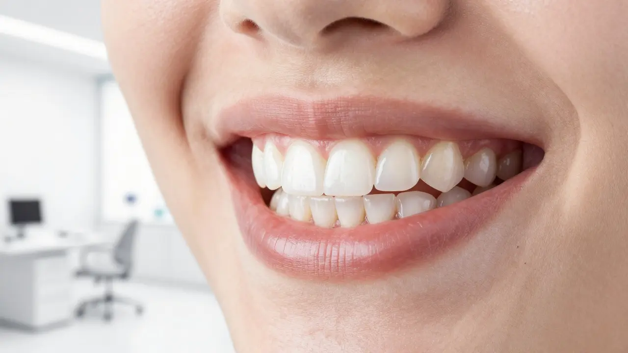 Detailní pohled na perfektní úsměv s kvalitními keramickými vinyýry.