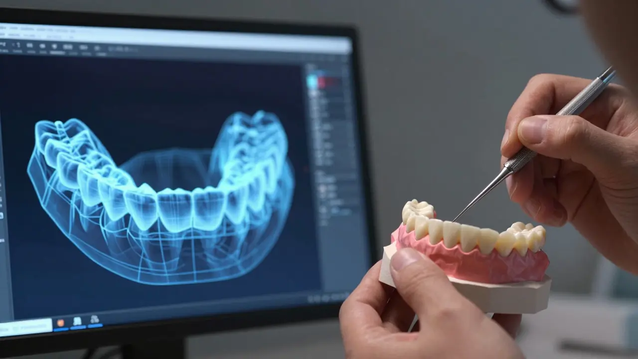 Digitální 3D sken čelistí a modelování budoucího úsměvu z vosku v laboratoři.