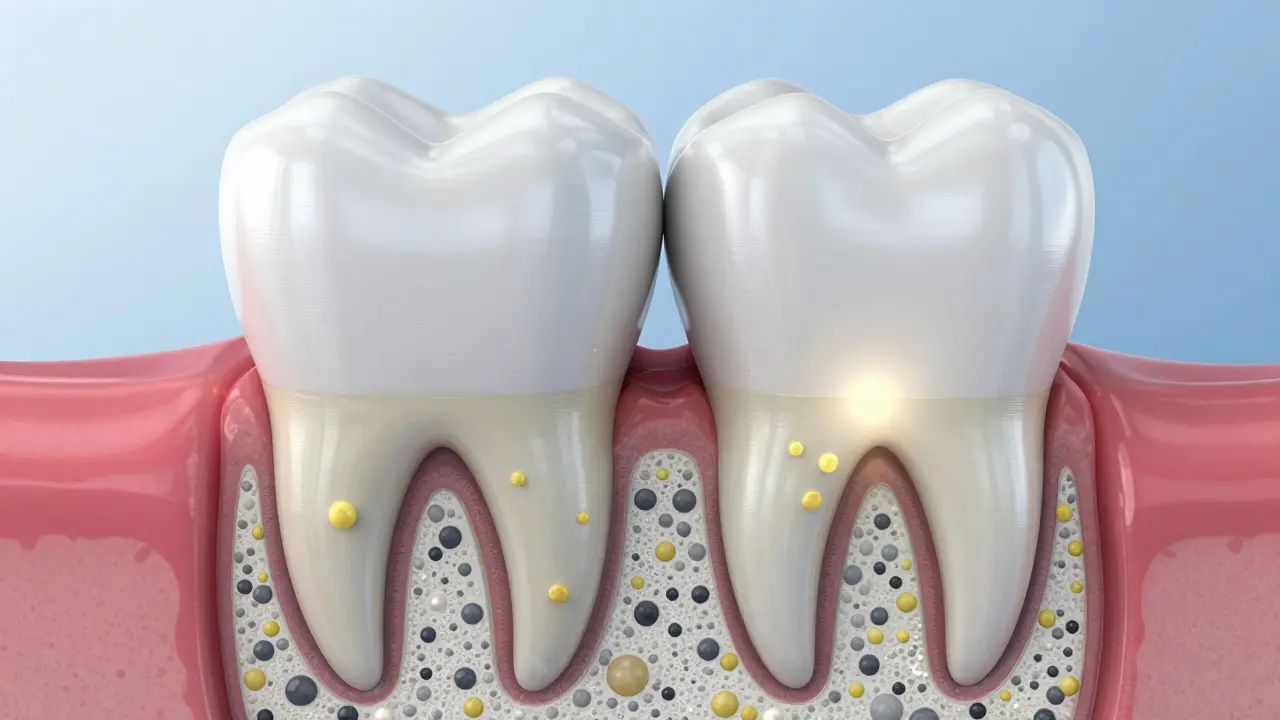 Konceptuální schéma zubu ukazující pigmentaci v hloubce dentinu.