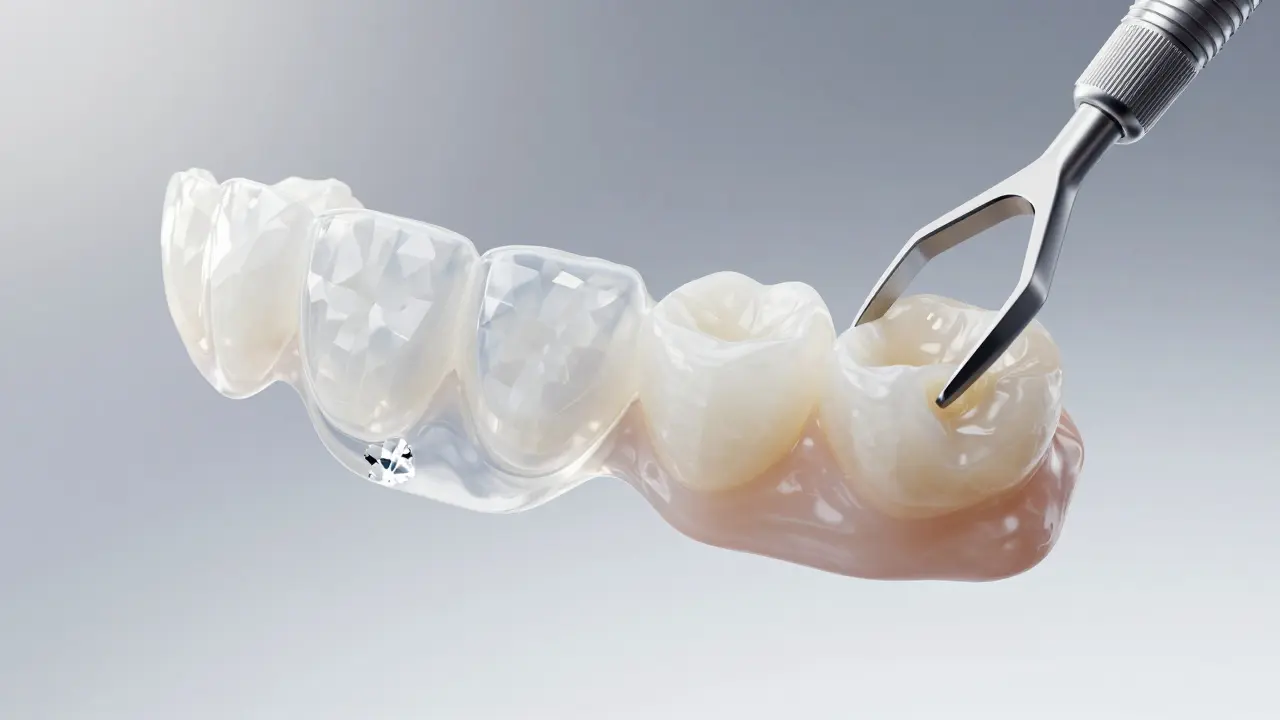 Konceptuální srovnání keramické fazety a kompozitního materiálu