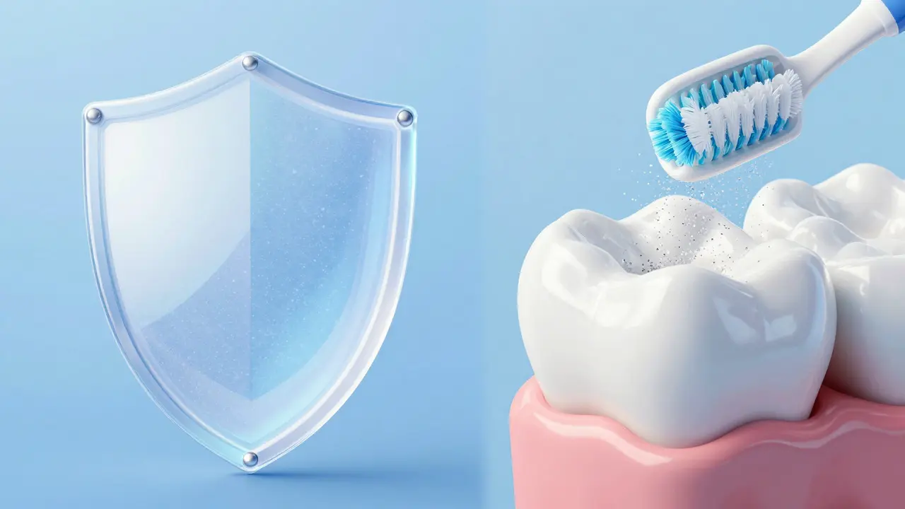 Konceptuální srovnání ochranného účinku fluoridu a bělícího efektu pasty.