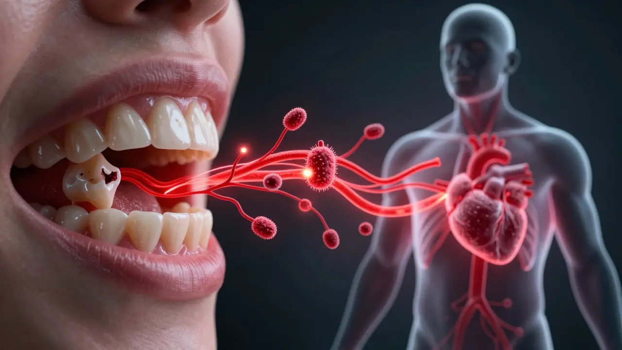 Konceptuální znázornění cesty bakterií z zubů do krevního oběhu a srdce.