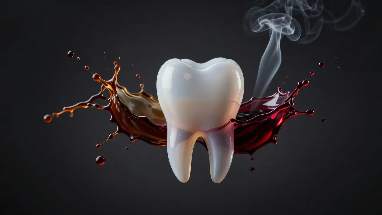 Konceptuální zobrazene kávového nápoje, červeného vína a kouře kolem zubu.