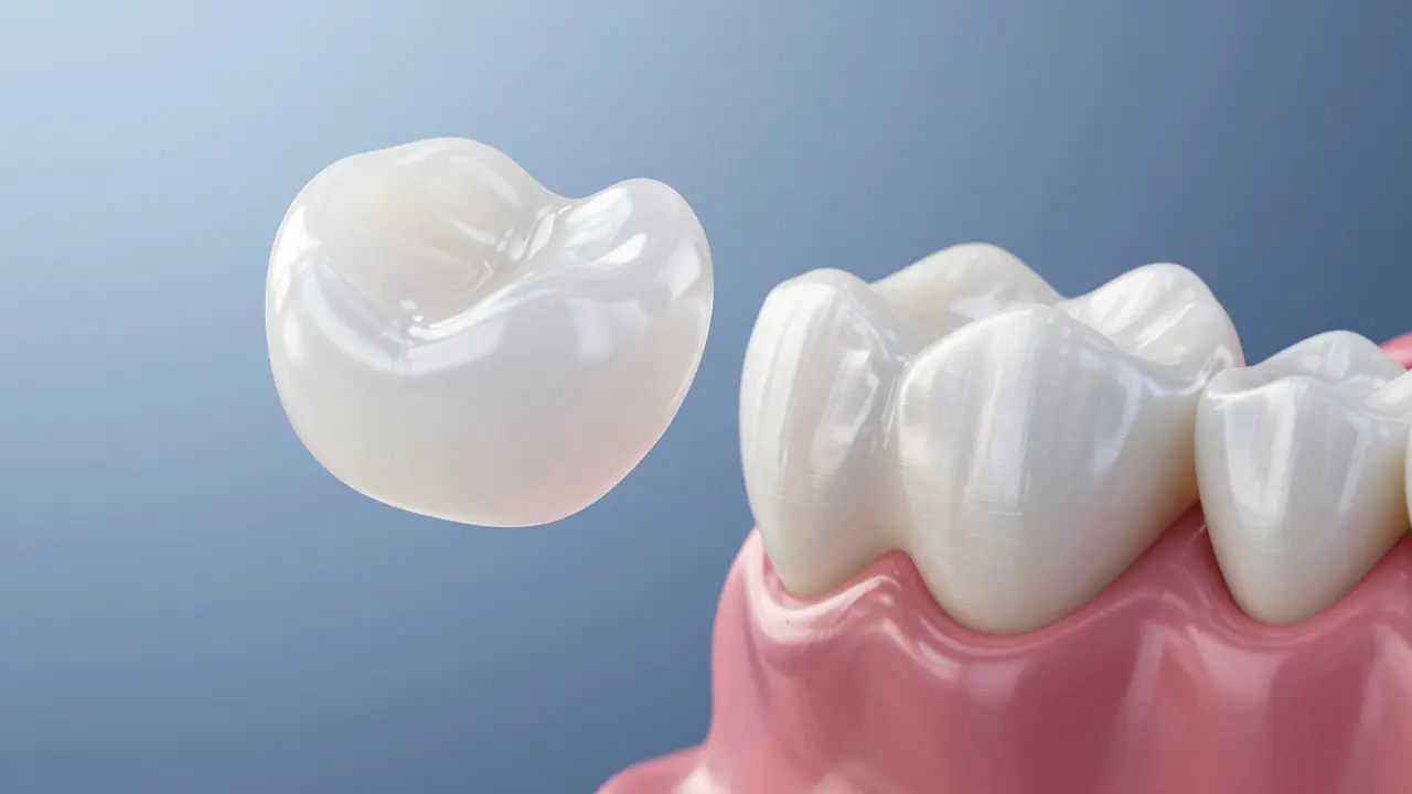 Konceptuální zobrazení keramické fazetky a anatomie zubu na modrém pozadí.