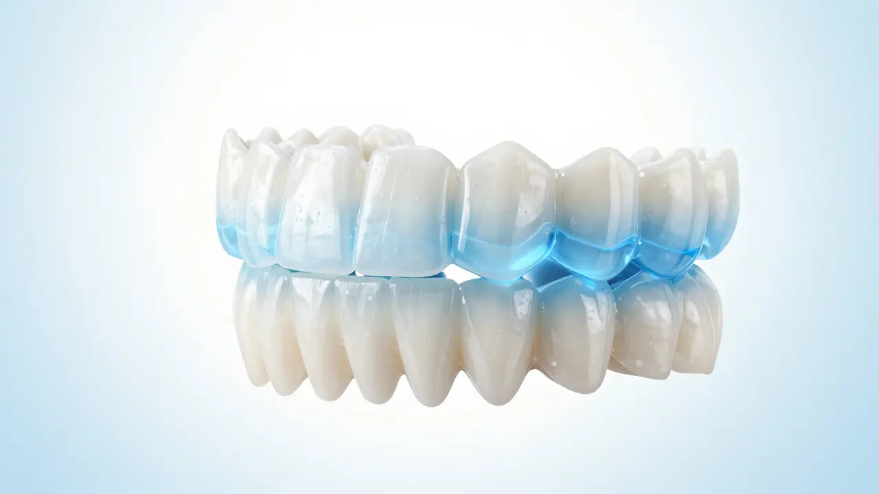 Konceptuální zobrazení ochranné vrstvy fluoridu na čistých a naleštěných zubech.