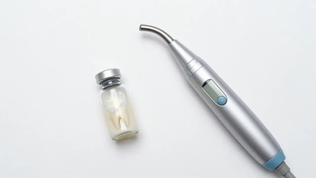 Kousek ulomeného zubu v mléce vedle moderního digitálního skeneru.