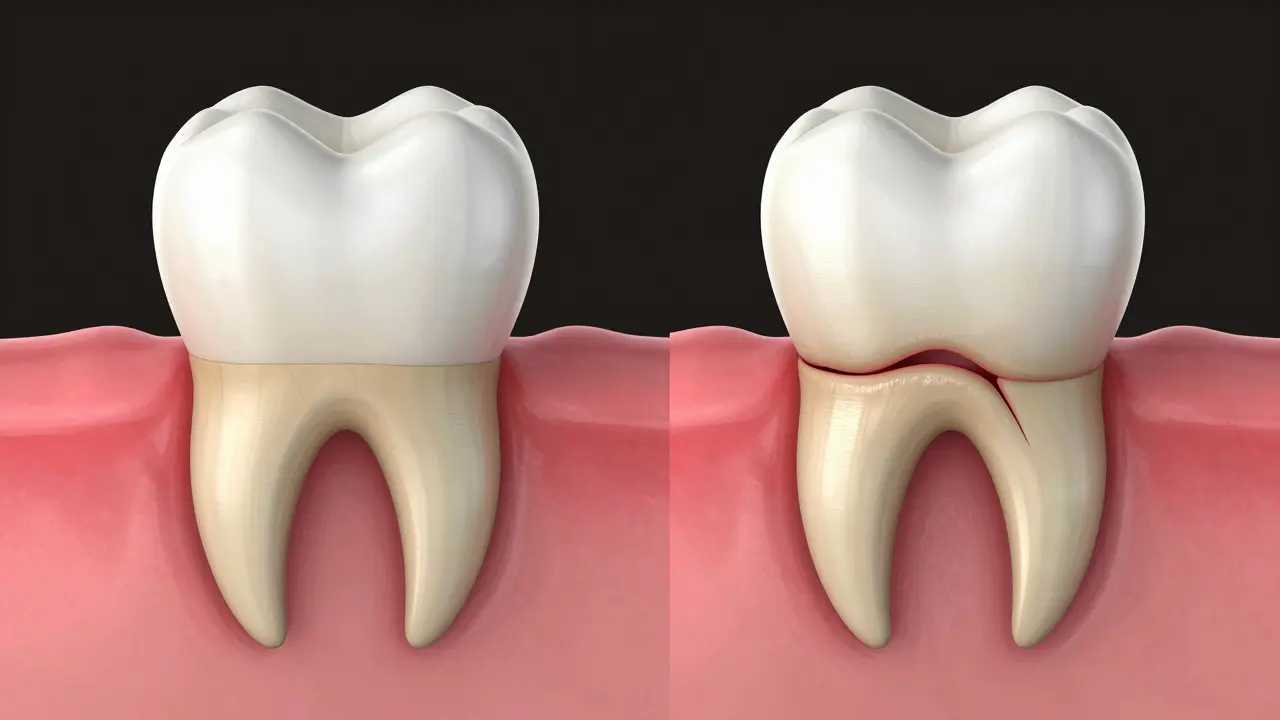 Kresba znázornující rozdíl mezi zánětem dásní a parodontitidou s úbytkem kosti.