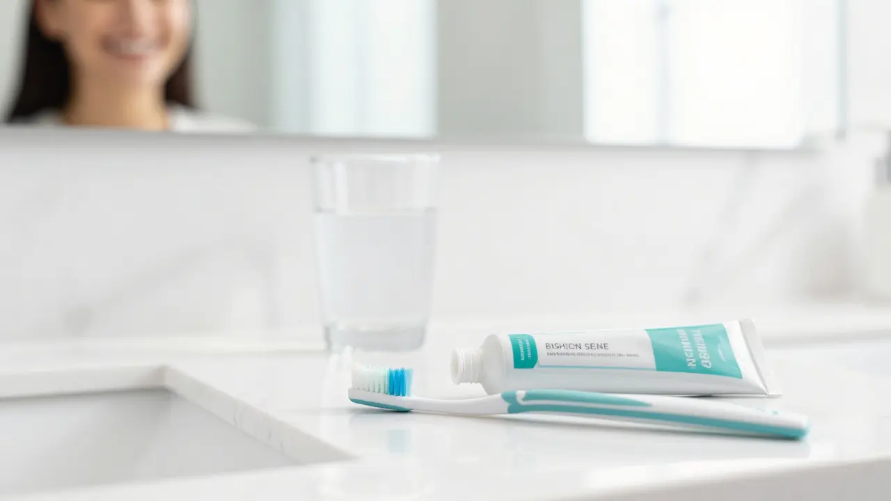 Kvalitní zubní pasta a kartáček na mramorovém povrchu v koupelně.