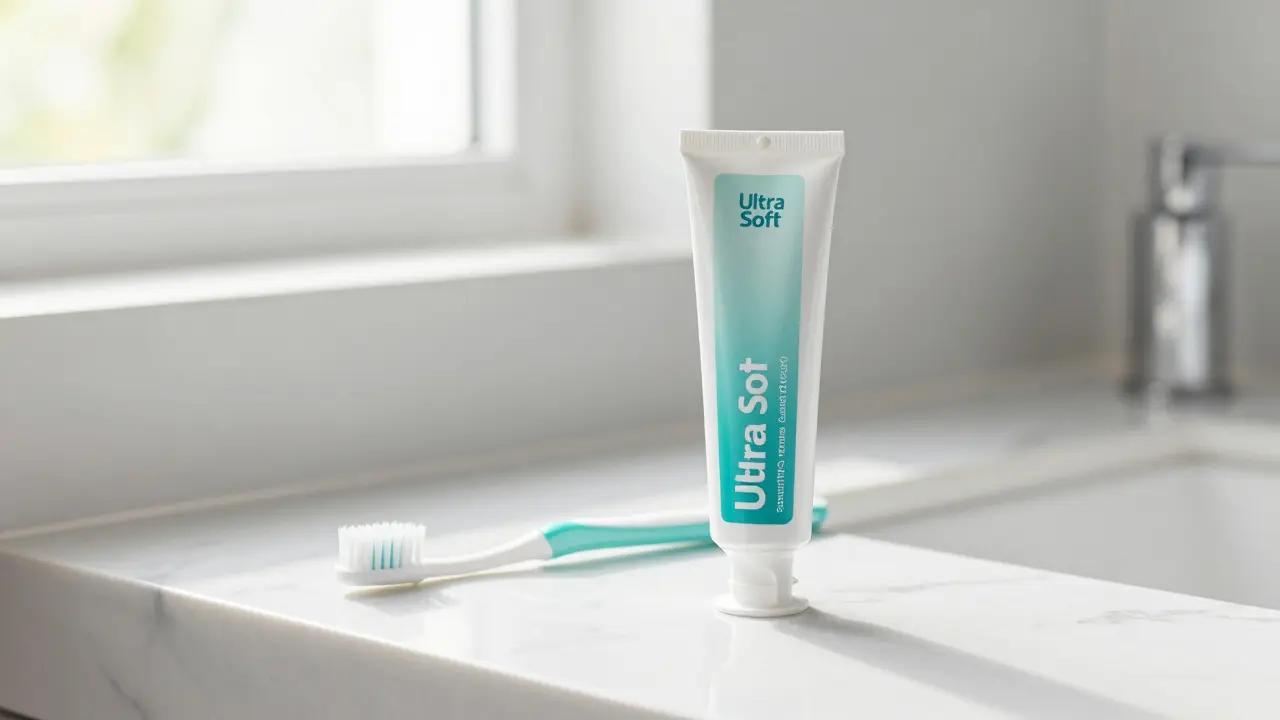 Měkký zubní kartáček a pasta na citlivé zuby na mramorovém povrchu.