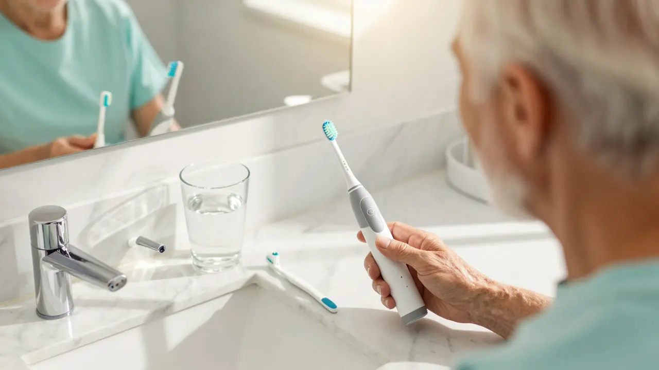 Moderní sonický kartáček a mezizubní kartáčky na koupelnové poloce.