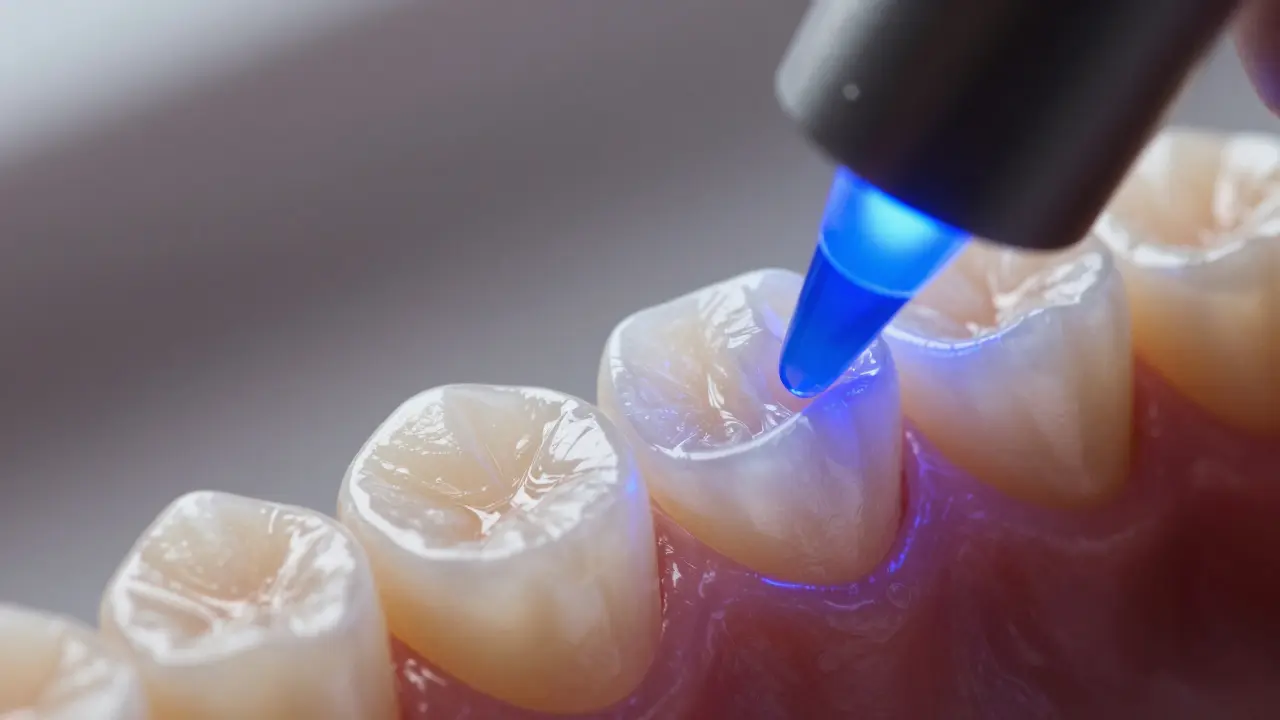 Nasazování tenké keramické fazety s použitím modrého UV světla.