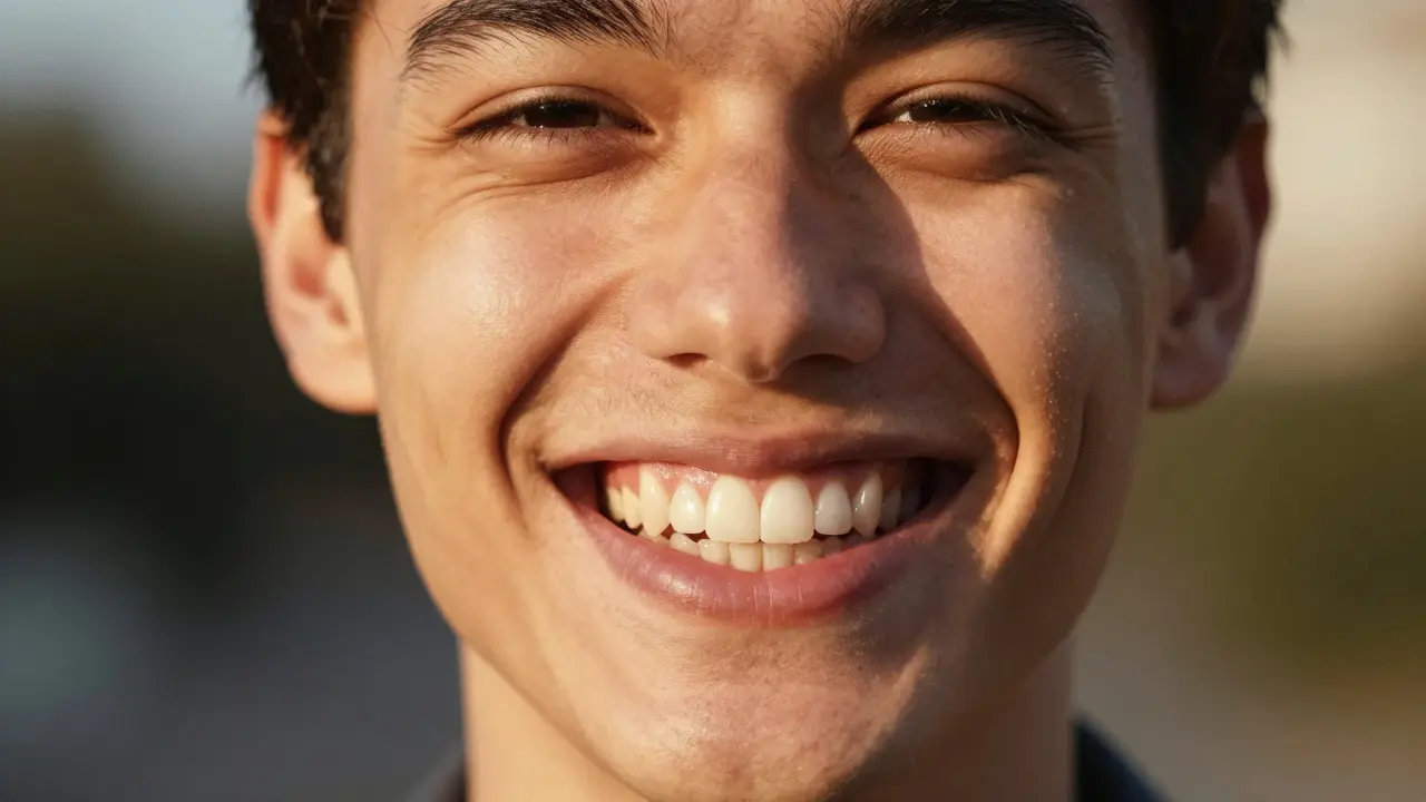 Portrét šťastné osoby s přirozeně vypadajícím a zářivým úsměvem po aplikaci faset.