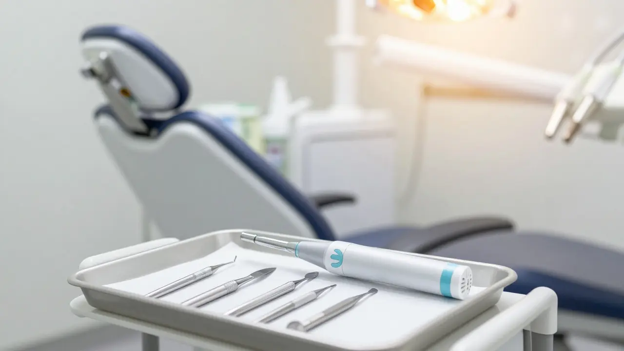 Profesionální nástroje pro hygienu zubů v moderní ordinaci.