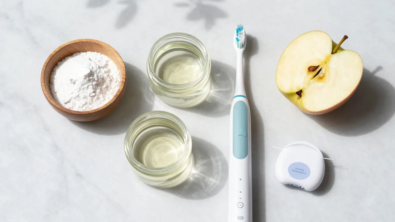 Sada domácích pomůcek jako jedlá soda a kokosový olej vedle elektrického kartáčku.