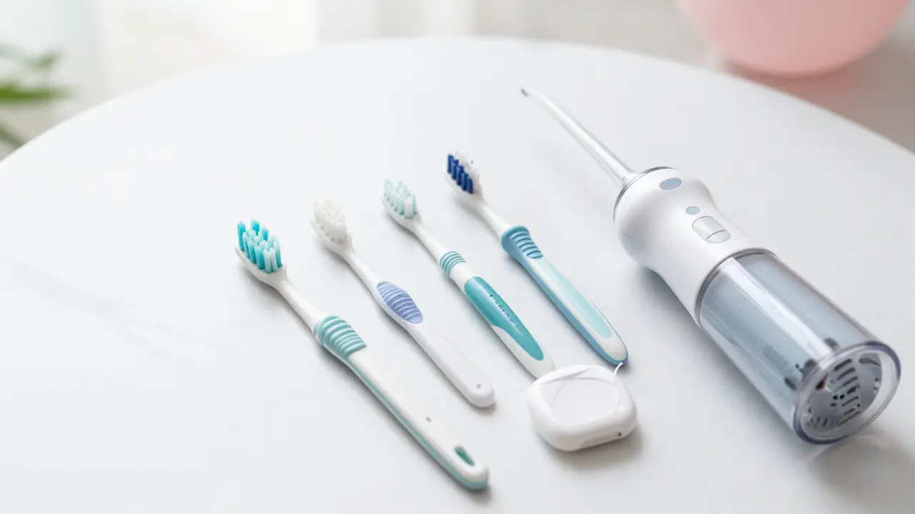 Sada pomůcek pro mezizubní čištění: mezizubní kartáčky, nit a irigátor.