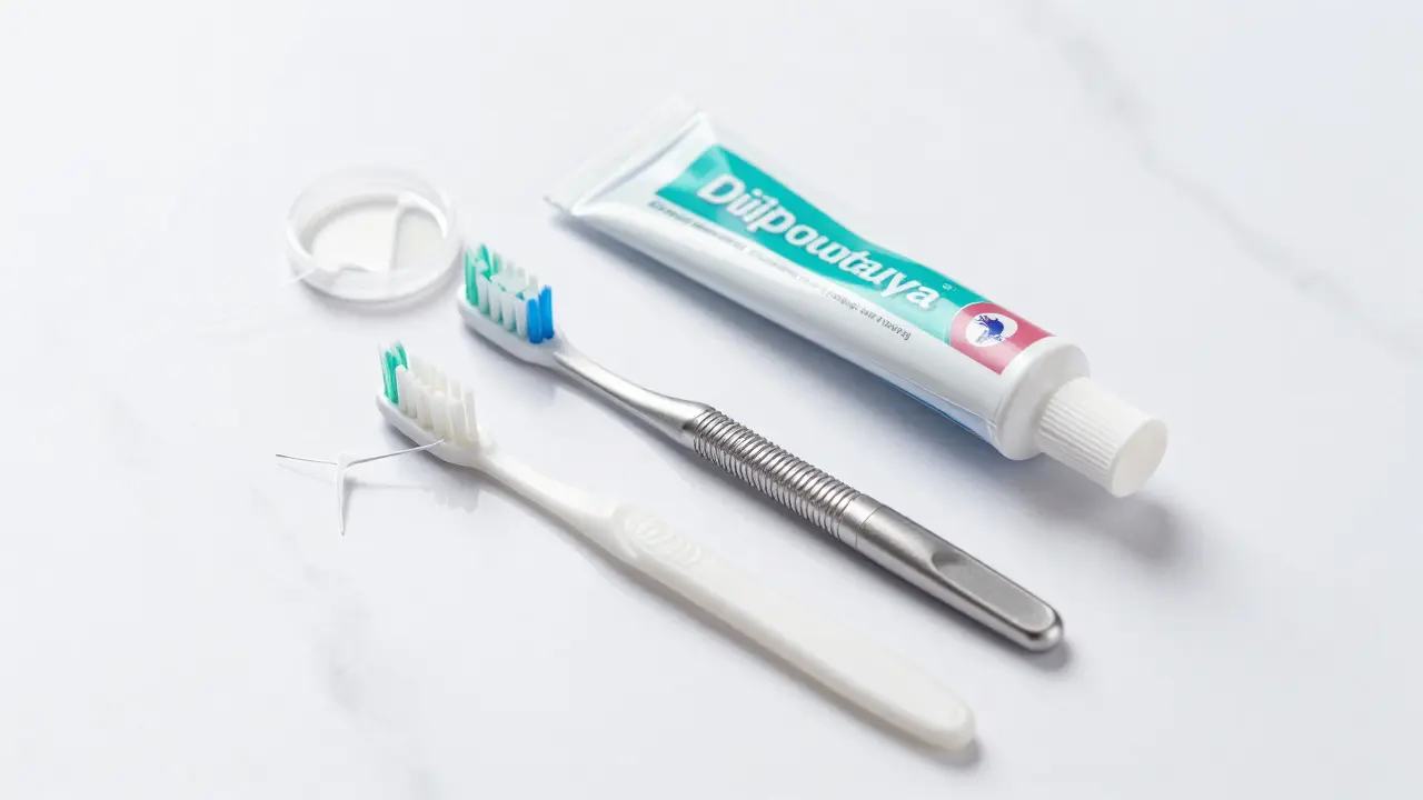 Sada pro hygienu zubů s rovnátkama: mezizubní kartáček, nit a pasta