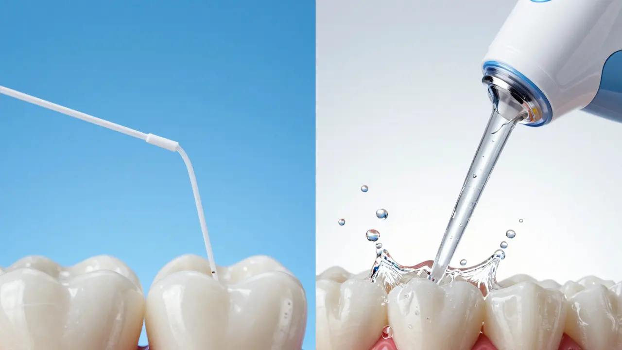 Srovnání detailu dentální nitě a proudu vody z vodní nitě při čištění zubů.