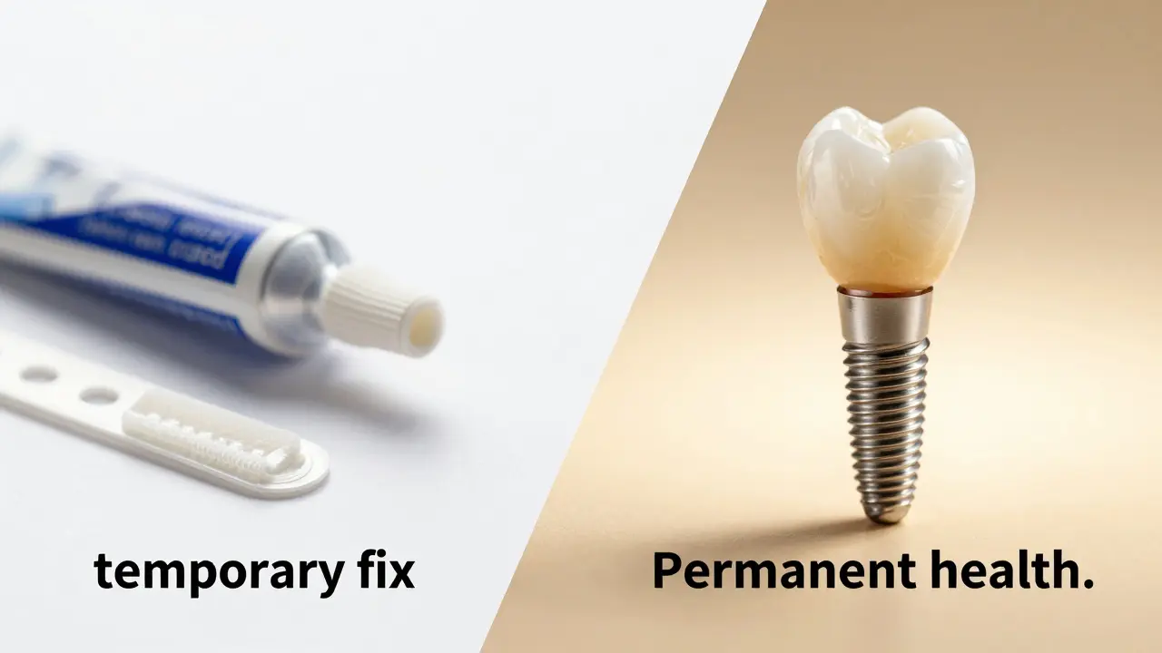 Srovnání levné sady nalepovacích zubů a profesionálního implantátu.