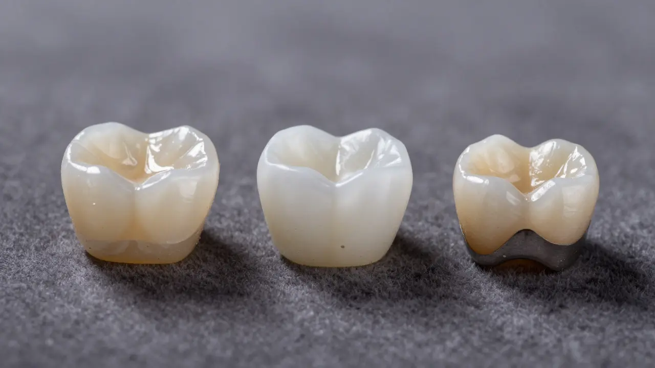 Srovnání různých materiálů pro zubní korunky: zirkon, keramika a kovokeramika.