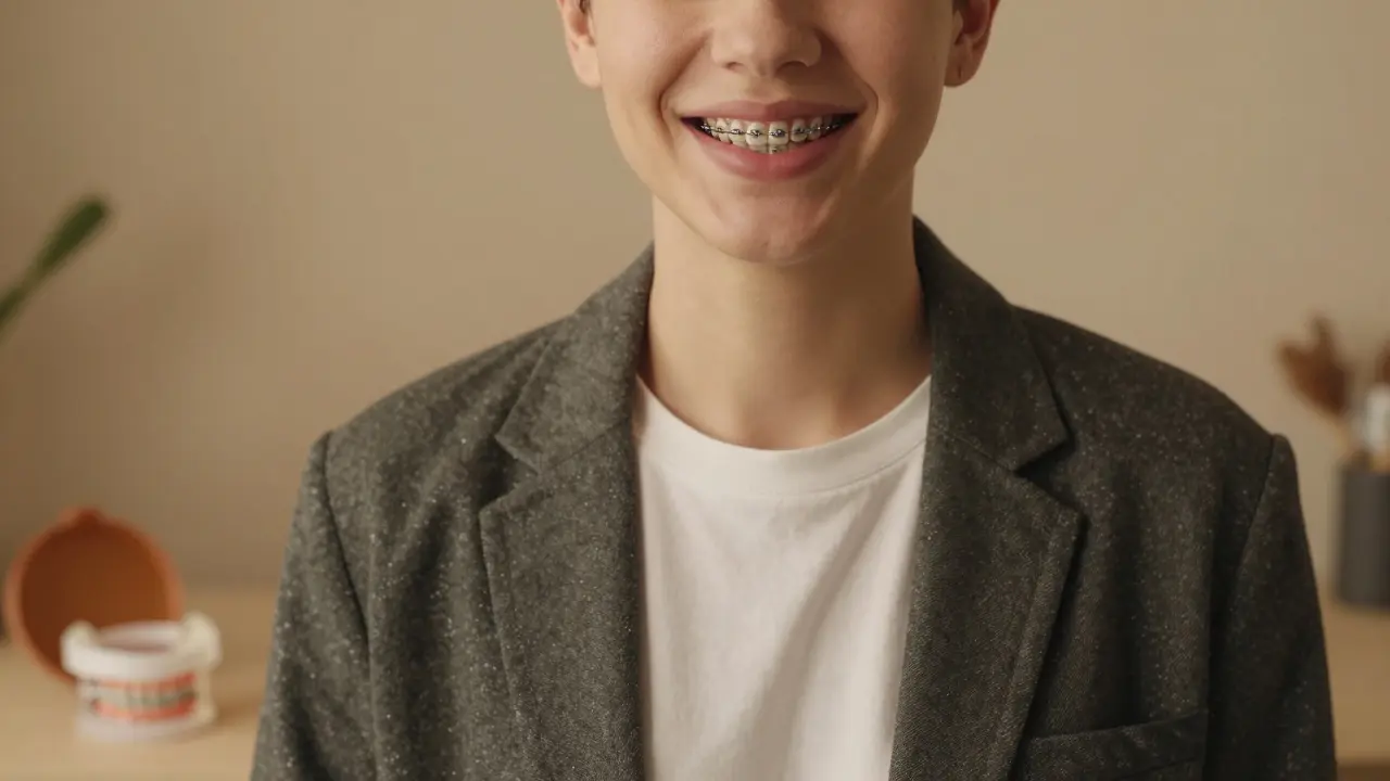 Uklidňující portrét člověka s rovnátky s usmívajícím se výrazem