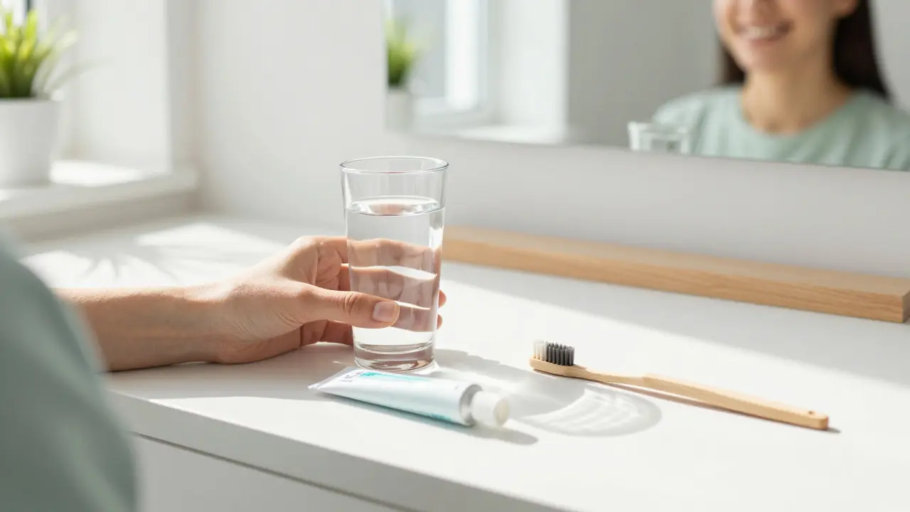 Hygiena po zákroku: fluoridový gel, kartáček a sklenice vody