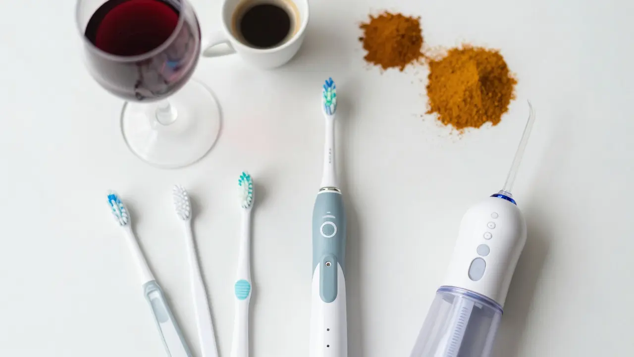 Hygienické pomůcky pro péči o rovnátka a potraviny způsobující zabarvení