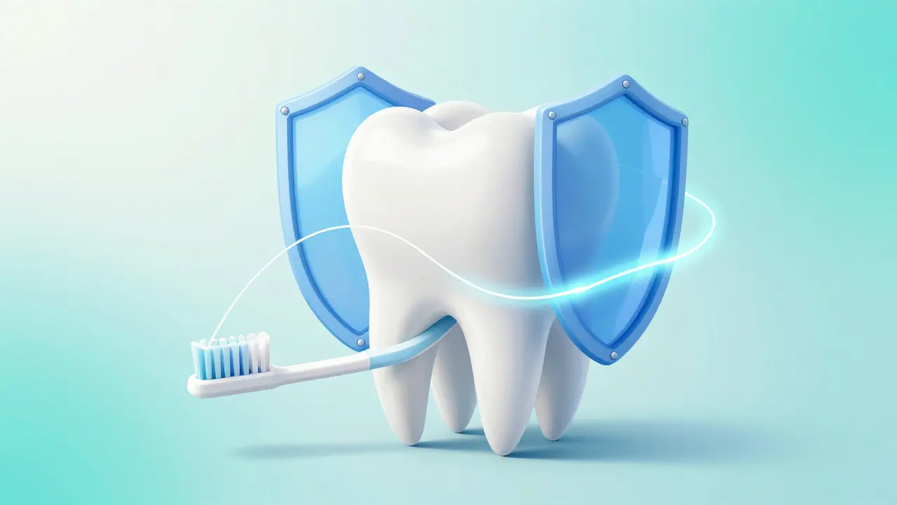 Koncept prevence kazu s nití a fluoridem