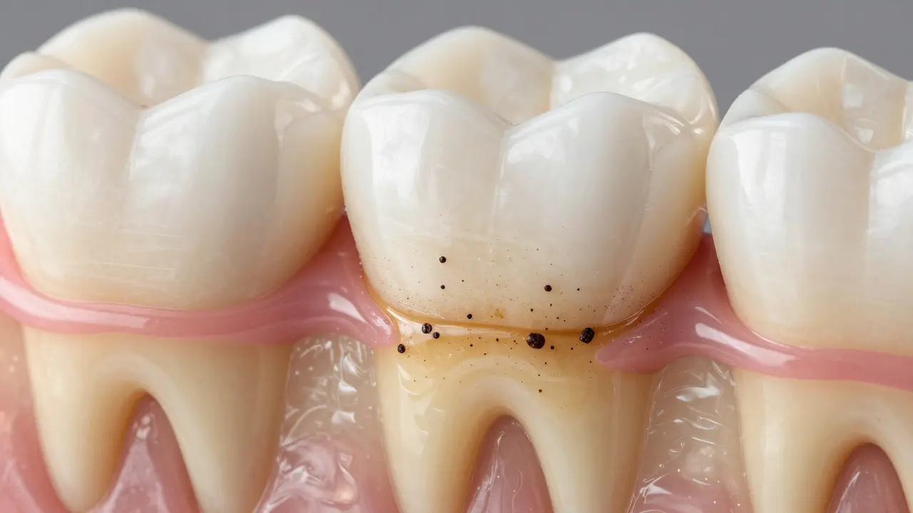 Makro pohled na strukturu skloviny a dentinu zubu