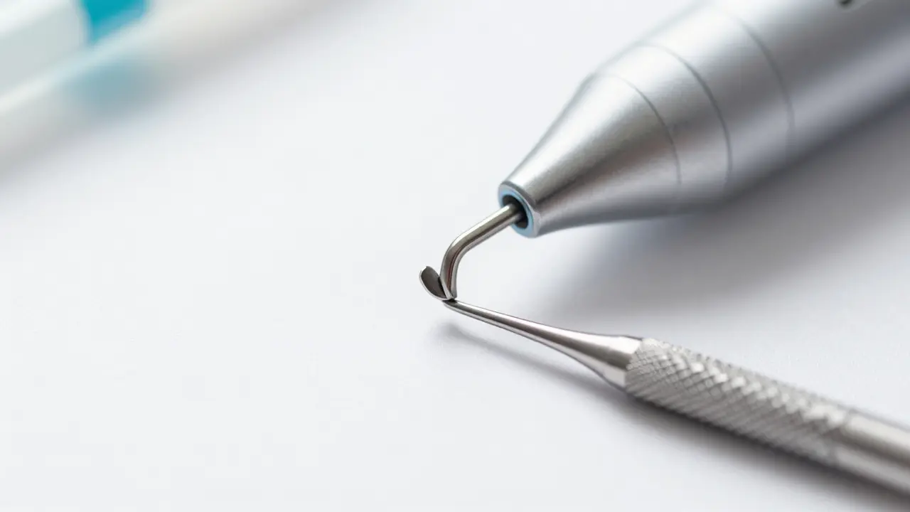 Moderní dentální nástroje pro kyretáž zubů na bílém pozadí