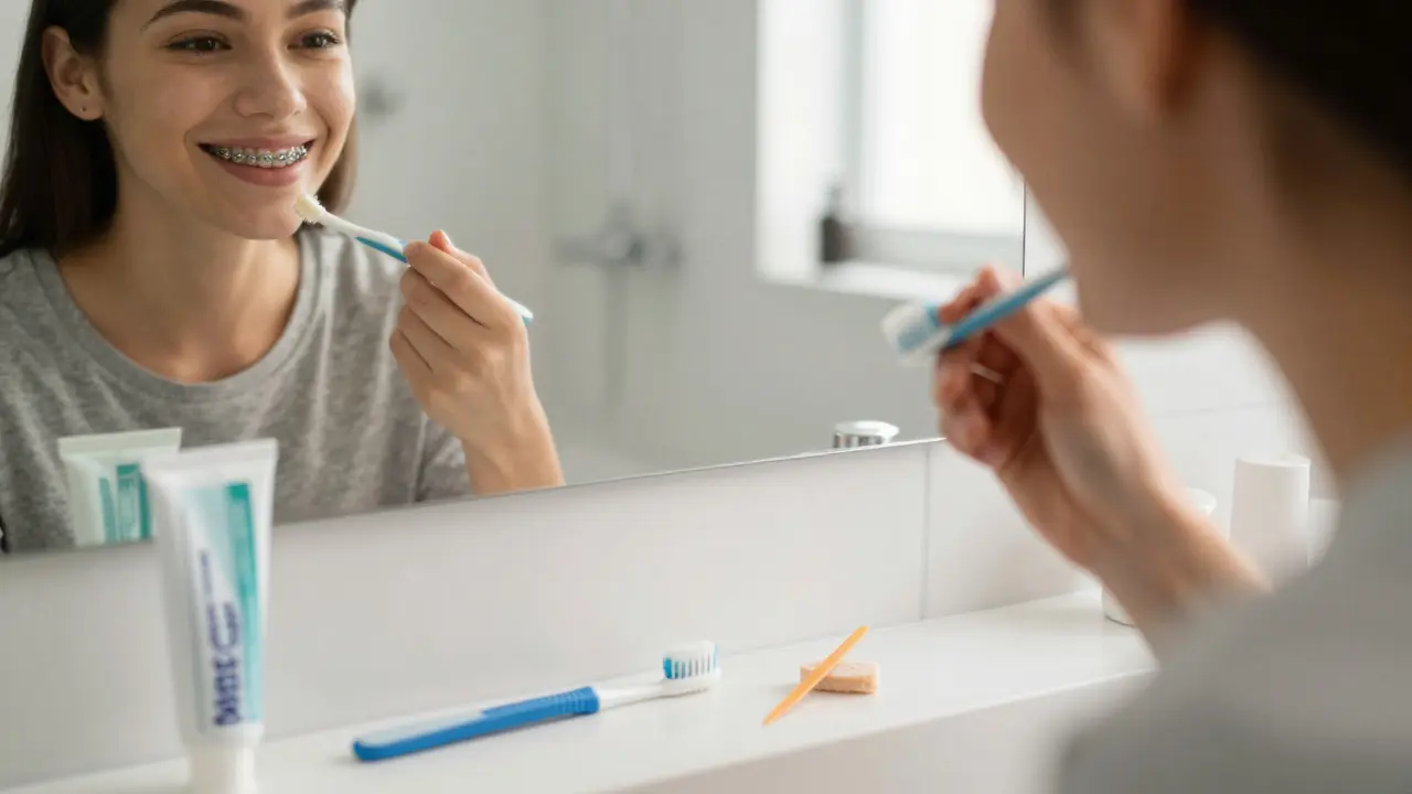 Osoba kontroluje rovnátka v zrcadle s hygienickými pomůckami