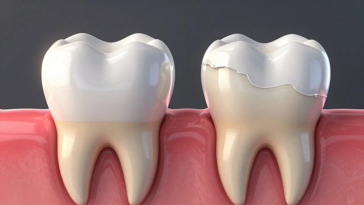 Srovnání zdravé zubní skloviny a erodovaného zubu s odhalenou dentinou.