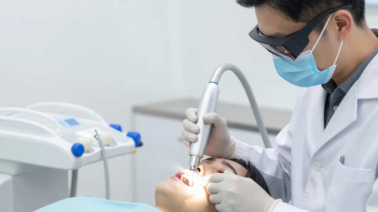 Stomatolog používá laser k léčbě zuba v ordinaci