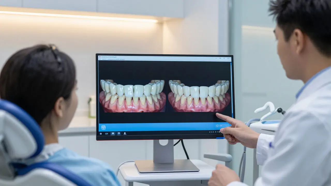 Zubní lékař ukazuje pacientovi digitální simulaci nové rekonstrukce chrupu na monitore.